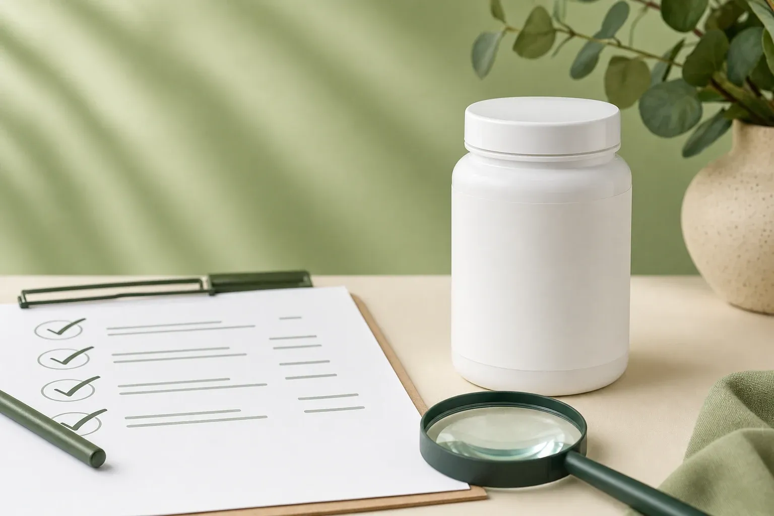 A generic product label and review checklist being examined carefully